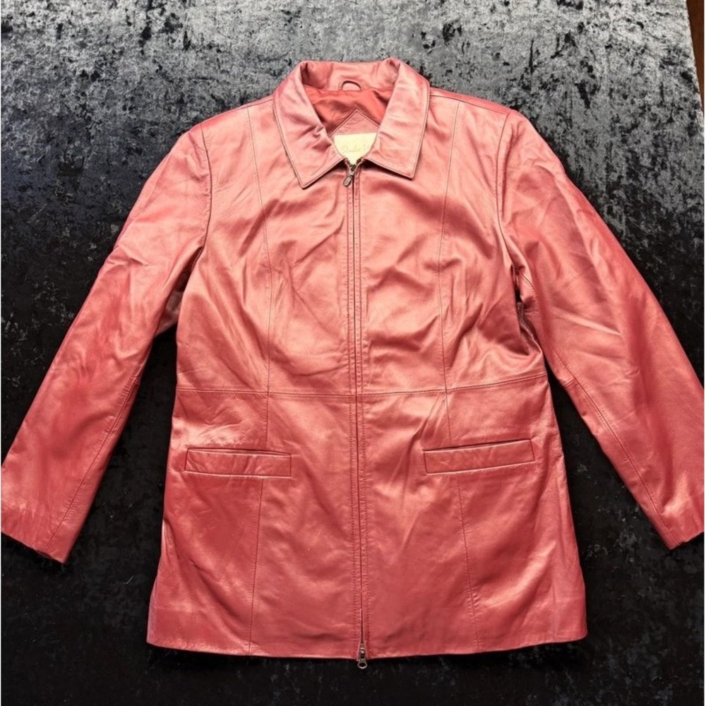 Studio Works Women's L Genuine Leather Jacket Red Rose Zip Front Lined Vintage